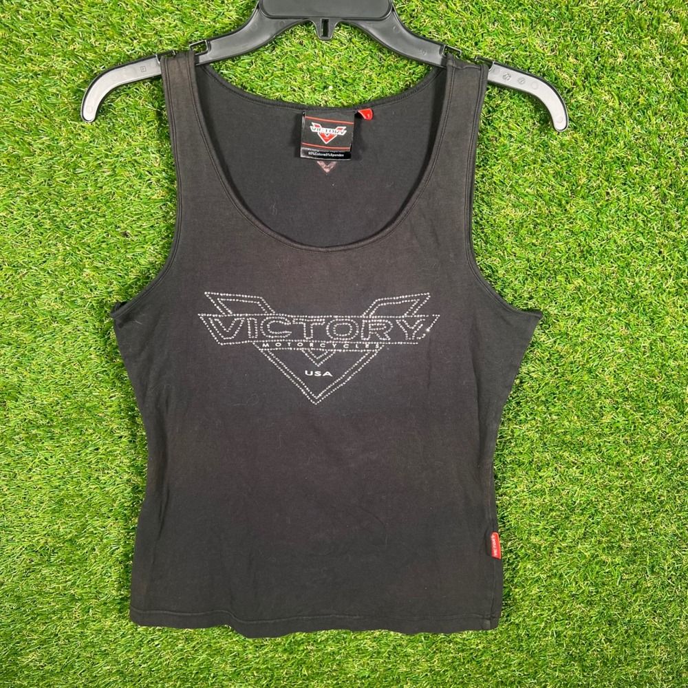 Victory Motorcycles Rhinestone Tank Top‎ Black USA Graphic Print Womens Sz S Y2K